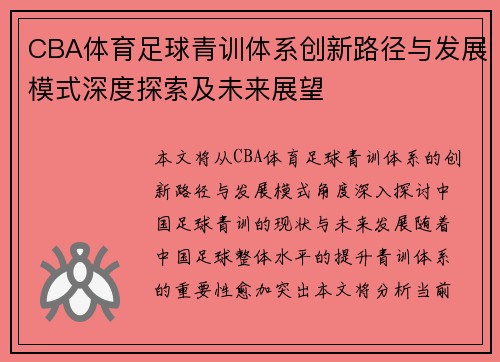 CBA体育足球青训体系创新路径与发展模式深度探索及未来展望