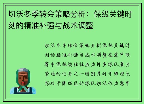 切沃冬季转会策略分析：保级关键时刻的精准补强与战术调整